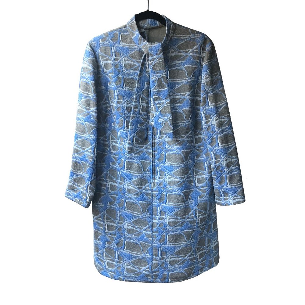 Vintage blue tan print a-line long sleeve dress